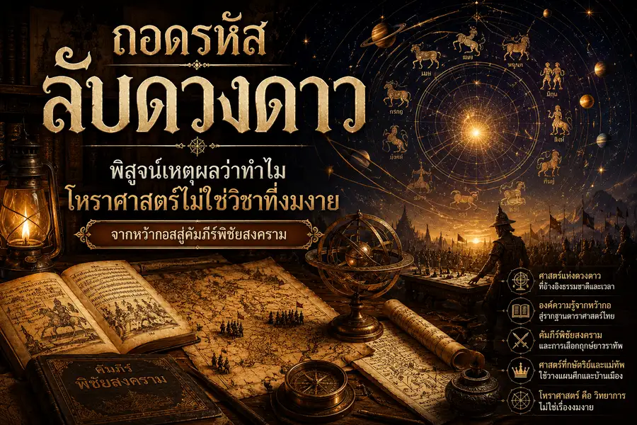 ภาพหน้าปกบทความโหราศาสตร์ไม่ใช่วิชาที่งมงาย แสดงกราฟิกแผ่นชาร์ตดวงดาราศาสตร์ลายเส้นเนียนตาสลับภาพสถิติตัวเลขโมเดิร์นคุมโทนสีกรมท่าเงินสุภาพเรียบร้อย