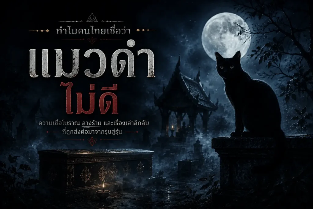 แมวดำยืนอยู่ท่ามกลางความมืดและแสงจันทร์ในบรรยากาศลึกลับ