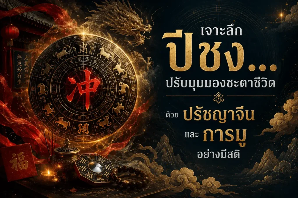 ภาพหน้าปกบทความเรื่องปีชง แสดงกราฟิกแผ่นชาร์ตวงล้อจักรราศีจีนโบราณและสัญลักษณ์ความสมดุลโทนสีเรียบหรูเพื่อสื่อถึงการใช้ชีวิตอย่างมีสติ