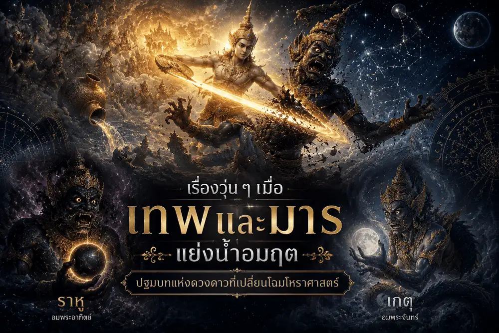 ภาพเทพใช้จักรตัดอสูรผู้ลอบดื่มน้ำอมฤตจนร่างขาดเป็นสองส่วน กำเนิดเป็นราหูและเกตุ ตามตำนานกำเนิดดาวเคราะห์ในคติพราหมณ์และโหราศาสตร์ไทย