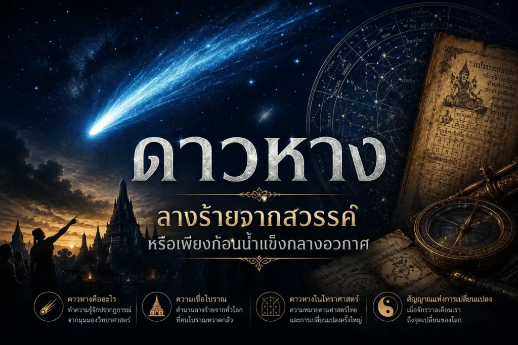 ดาวหางส่องสว่างบนท้องฟ้ายามค่ำคืนเหนือเมืองโบราณ พร้อมตำราโหราศาสตร์และแผนที่ดาว สื่อถึงความเชื่อเรื่องลางบอกเหตุและความหมายของดาวหางในอดีต
