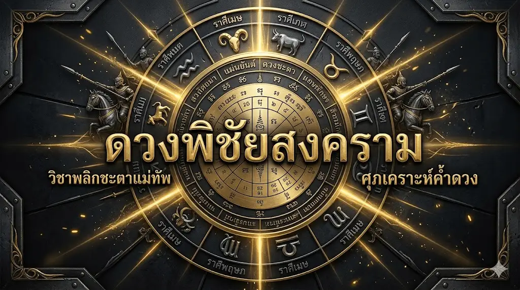 ภาพหน้าปกบทความเรื่องดวงพิชัยสงคราม แสดงกราฟิกแผ่นยันต์ดวงชะตาทองคำโบราณและวงล้อจักรราศีเหล็กกล้าในโทนสีดำทองดุดันตามหลักโหราศาสตร์ชั้นสูง