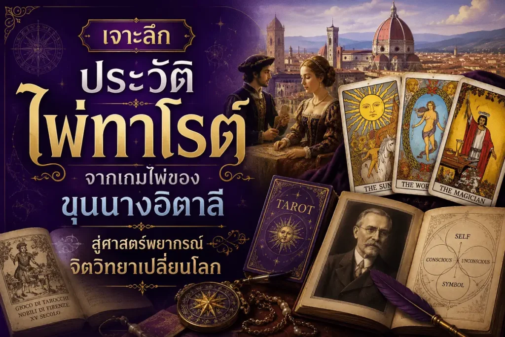 ภาพหน้าปกบทความประวัติไพ่ทาโรต์ แสดงกราฟิกไพ่ทาโรต์โบราณสำรับวิสคอนติและวงล้อจักรราศีสีทองหรูหราบนพื้นหลังสีกรมท่าเข้ม