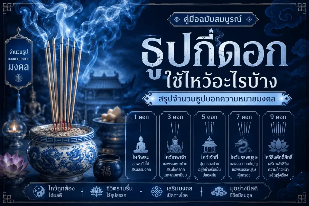 ภาพหน้าปกบทความธูปกี่ดอกใช้ไหว้อะไรบ้าง แสดงกราฟิกกระถางธูปทองเหลืองโบราณและควันธูปเรืองแสงสีทองสุภาพเรียบร้อย