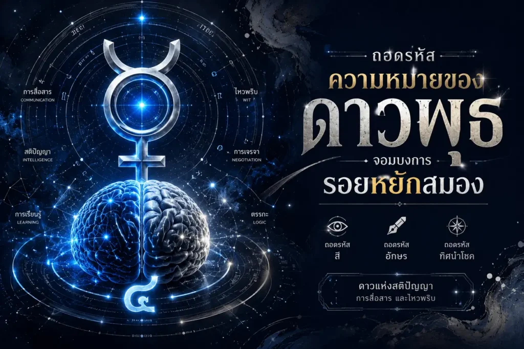 ภาพหน้าปกบทความความหมายของดาวพุธ แสดงกราฟิกสัญลักษณ์ดาวพุธเลขสี่ไทยและรอยหยักสมองเรืองแสงสีฟ้าเงินบนพื้นหลังกรมท่าลึกลับ