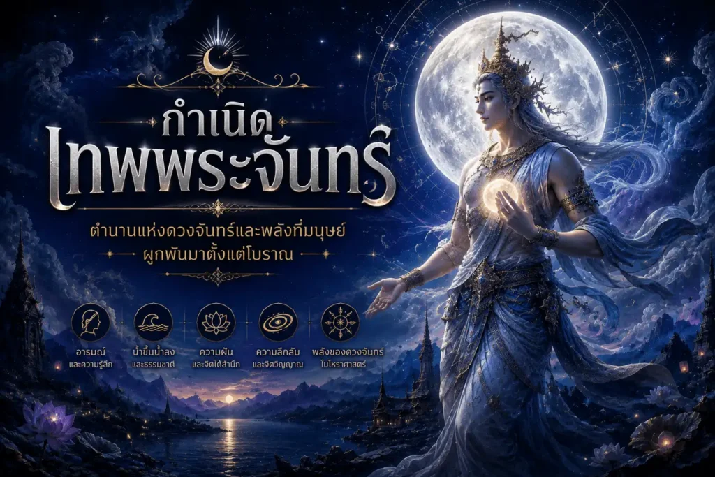 เทพพระจันทร์ยืนท่ามกลางแสงจันทร์และจักรวาลยามค่ำคืน