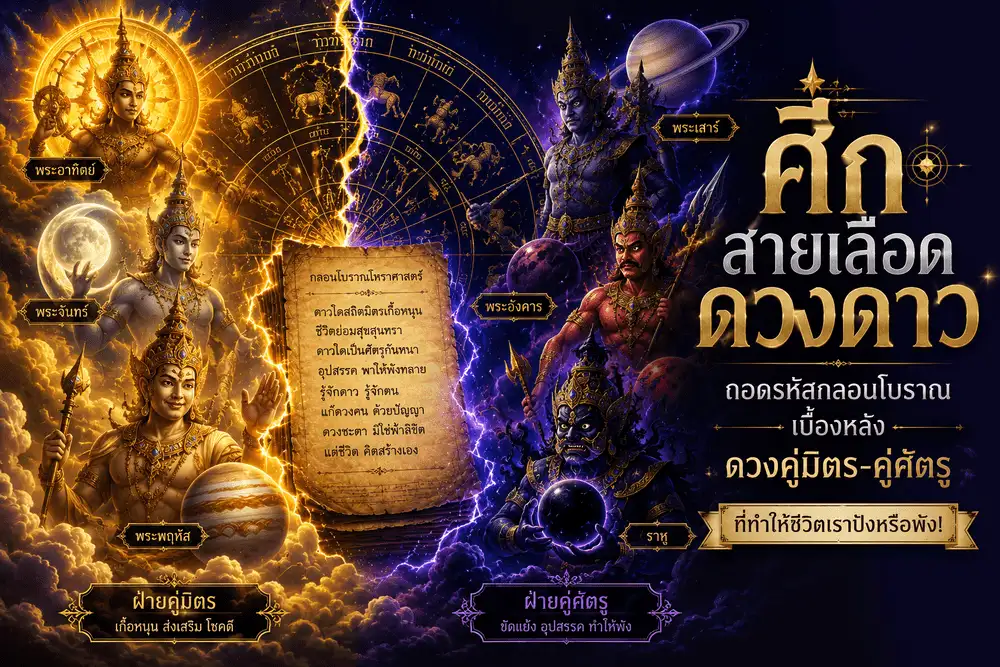 ภาพดาวเคราะห์ในโหราศาสตร์ไทยแบ่งออกเป็นฝ่ายคู่มิตรและคู่ศัตรู รายล้อมจักรราศีทองคำกลางภาพ สื่อถึงความสัมพันธ์ของดวงดาวที่ส่งผลต่อดวงชะตาตามตำราโหราศาสตร์โบราณ