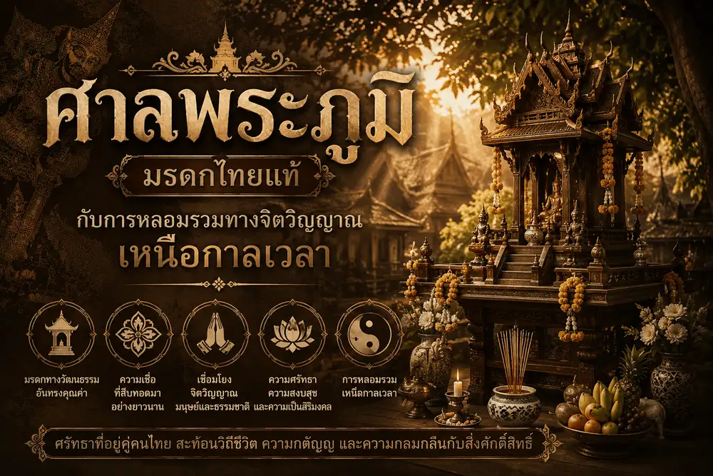 ภาพหน้าปกบทความศาลพระภูมิ แสดงกราฟิกศาลพระภูมิปูนปั้นสีทองสง่างามตั้งตระหง่านคู่กับศาลตา-ยายในบรรยากาศสวนหย่อมสีเขียวร่มรื่นสุภาพเรียบร้อย