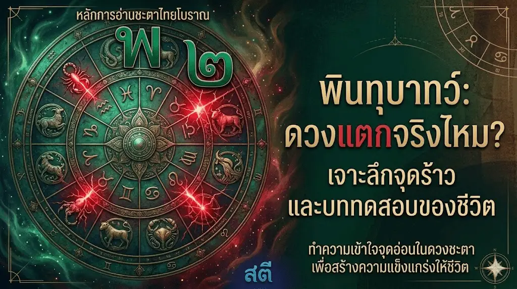 รื่องพินทุบาทว์ แสดงกราฟิกดวงชะตามีจุดร้าวบนวงล้อจักรราศี พร้อมคำบรรยายไทยในโทนสีเขียวและทองลึกลับตามหลักโหราศาสตร์ไทย คุณสามารถนำรูปภาพ ชื่อไฟล์ และข้อความ Al