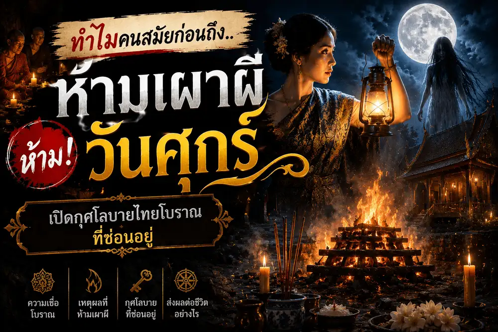 ภาพหน้าปกบทความทำไมคนสมัยก่อนถึงห้ามเผาผีวันศุกร์ แสดงกราฟิกศาลาวัดไทยโบราณท่ามกลางบรรยากาศสงบและแสงแดดอุ่นสีทองเรียบร้อยสุภาพ