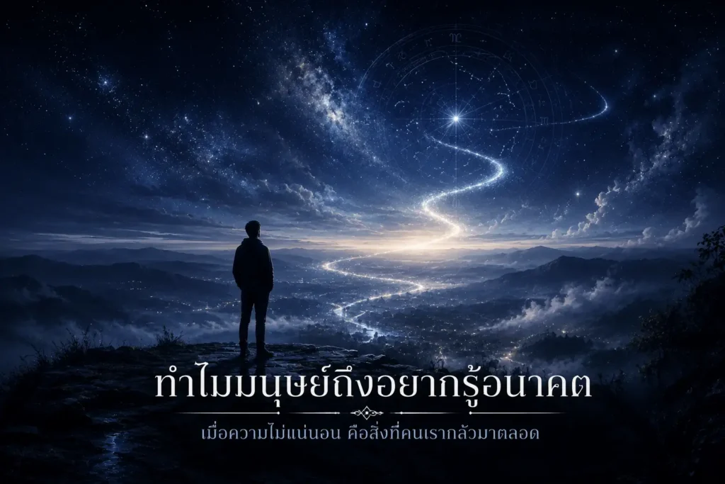 มนุษย์ยืนมองจักรวาลและเส้นทางอนาคตท่ามกลางแสงดาว