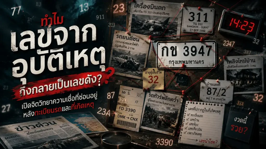 กระดานสืบสวนที่เต็มไปด้วยเลขทะเบียนรถ เลขบ้าน และเลขเที่ยวบิน เชื่อมโยงด้วยเส้นด้ายสีแดง สื่อถึงความเชื่อเรื่องเลขจากอุบัติเหตุและโชคลาภ