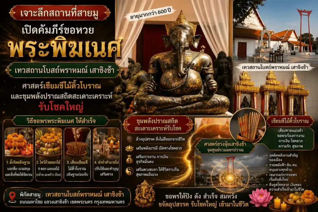 พระพิฆเนศ เทวสถานโบสถ์พราหมณ์ เสาชิงช้า กรุงเทพมหานคร สถานที่ศักดิ์สิทธิ์เก่าแก่สำหรับขอพรความสำเร็จ เสี่ยงเซียมซี และเสริมโชคลาภตามคติพราหมณ์โบราณ