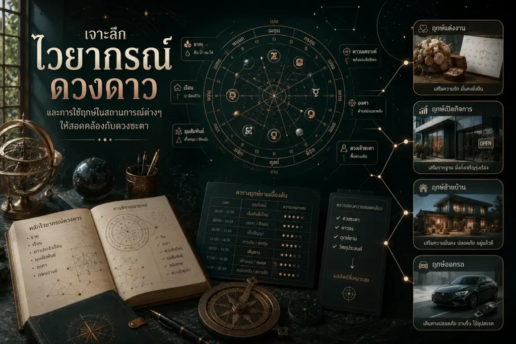 ภาพโหราจารย์กำลังวิเคราะห์ผังดวงดาวและฤกษ์ยาม พร้อมแผนผังโหราศาสตร์ที่เชื่อมโยงกับการแต่งงาน เปิดกิจการ ย้ายบ้าน และออกรถ