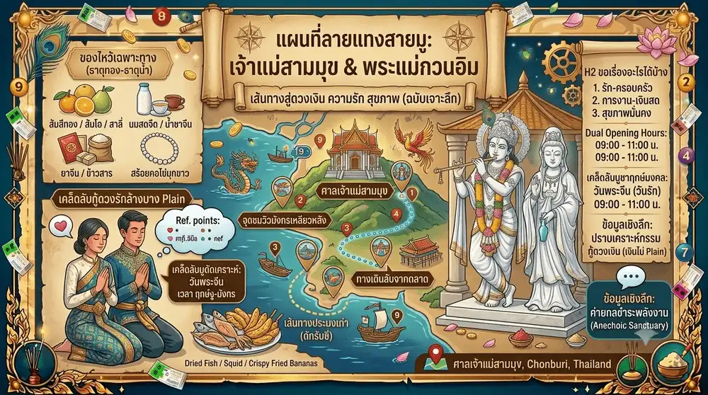 ภาพกราฟิกแบนเนอร์เจาะลึกสถานที่สายมูศาลเจ้าแม่สามมุขอ่างศิลาชลบุรีในสไตล์โมเดิร์นลักชัวรีริมทะเลโทนสีฟ้าน้ำทะเลลึกตัดส้มปะการังประกายทองหรูหราทรงพลัง