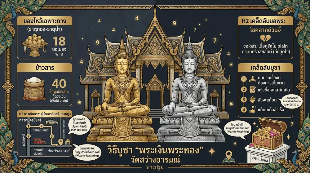 ภาพกราฟิกแบนเนอร์เจาะลึกวิธีบูชาพระเงินพระทองวัดสว่างอารมณ์นครปฐมคุมโทนดาร์กไซเบอร์เข้มตัดสีครีมทองและเทาเงินสวยงามมีระเบียบ