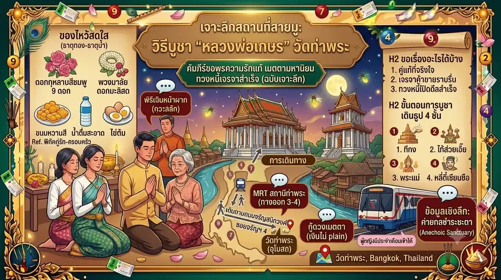 ภาพกราฟิกแบนเนอร์เจาะลึกสถานที่สายมูหลวงพ่อเกษรวัดท่าพระฝั่งธนบุรีในสไตล์โมเดิร์นลักชัวรีโทนสีทองคำโบราณตัดแดงชาดและเขียวมรกตหรูหราทรงพลัง