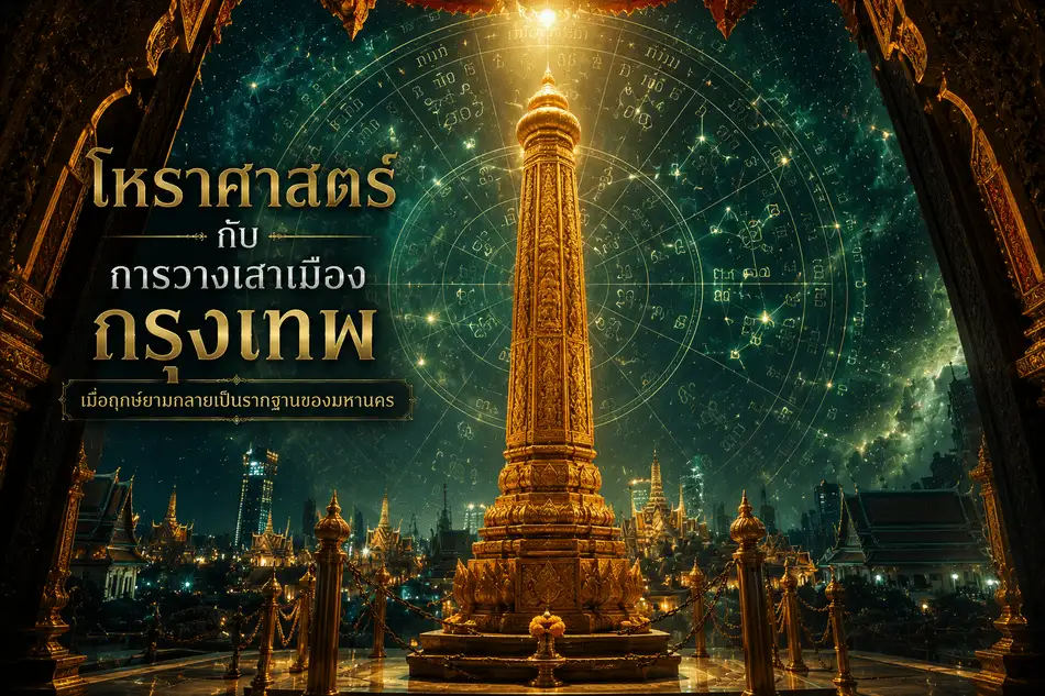 เสาหลักเมืองกรุงเทพสีทองเรืองแสงท่ามกลางแผนผังดวงเมืองและสัญลักษณ์โหราศาสตร์ไทย สื่อถึงความสัมพันธ์ระหว่างฤกษ์ยามกับการสถาปนากรุงรัตนโกสินทร์