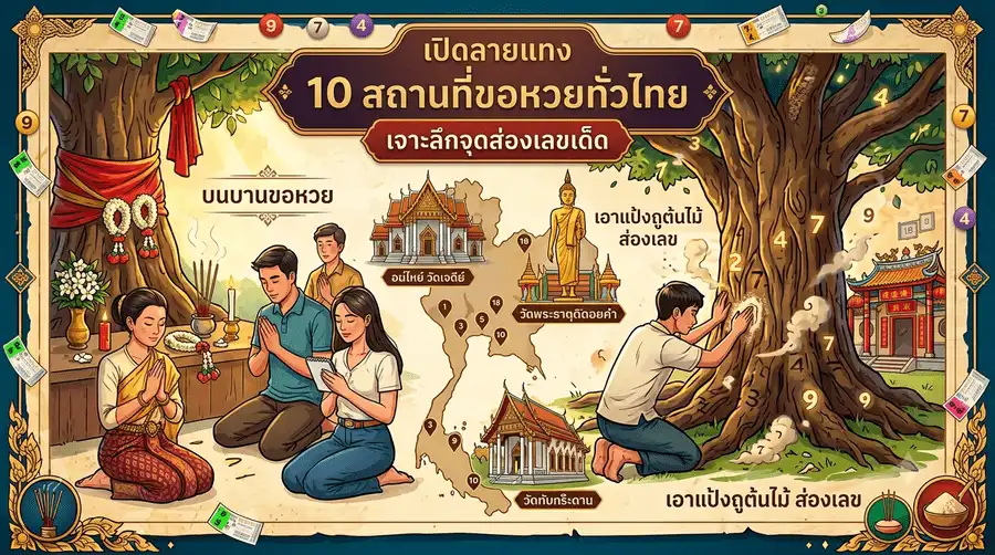 ภาพกราฟิกแบนเนอร์ 10 สถานที่ขอหวยทั่วไทย แสดงฉากคนนั่งบนบานศาลกล่าวและคนเอาแป้งถูต้นไม้ส่องเลขเด็ดสำหรับสายมู