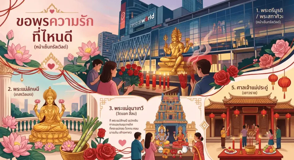 แนะนำ 10 สถานที่ขอพรความรักที่ไหนดีในกรุงเทพฯ ไฮไลต์หน้าเซ็นทรัลเวิลด์ พระแม่ลักษมี และวัดแขก สีลม สำหรับคนโสดสายมู