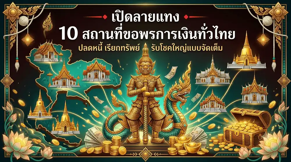 แบนเนอร์ลายแทง 10 สถานที่ขอพรการเงินทั่วไทย โดดเด่นด้วยองค์ท้าวเวสสุวรรณและพญานาคราชสีทองอร่าม สำหรับสายมูเรียกทรัพย์ปลดหนี้
