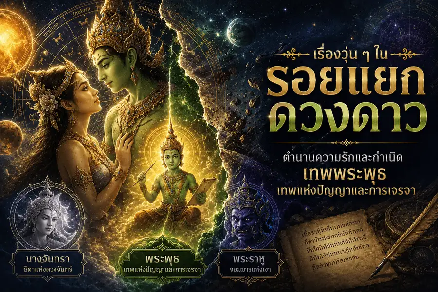 ภาพตำนานกำเนิดเทพพระพุธจากความสัมพันธ์ระหว่างพระจันทร์ นางจันทรา และพระราหู ก่อนถือกำเนิดเป็นเทพแห่งปัญญาและการเจรจาในโหราศาสตร์ไทย