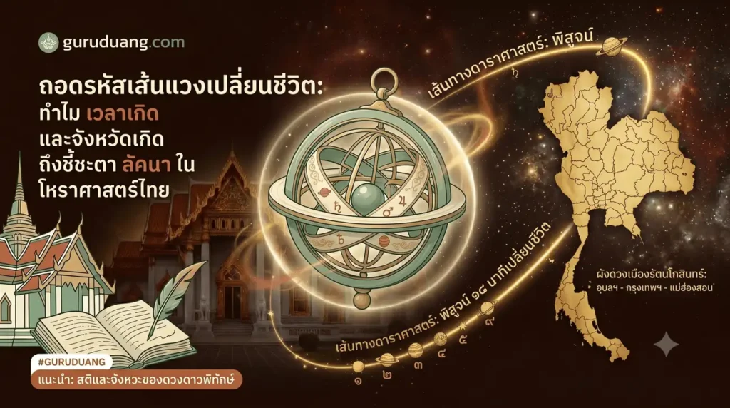 ภาพหน้าปกบทความความสำคัญของเวลาเกิดและพิกัดลองจิจูด แสดงลายเส้นกราฟิกแผนที่ประเทศไทยสีทองพรีเมียมบนพื้นหลังสีเขียวปราชญ์ Sage Green มีเส้นแวงลองจิจูดผ่ากลางและนาฬิกาแดดโบราณตั้งอยู่อย่างประณีต สะอาดตาคลีน ๆ คุมโทนพรีเมียมตามสไตล์กูรูดวง