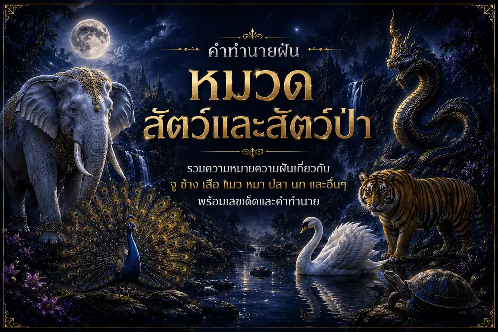 หมวดความฝันสัตว์และสัตว์ป่า รวมคำทำนายฝันเกี่ยวกับงู ช้าง เสือ แมว หมา ปลา นก และสัตว์อื่นๆ พร้อมเลขเด็ดและความหมายความฝัน
