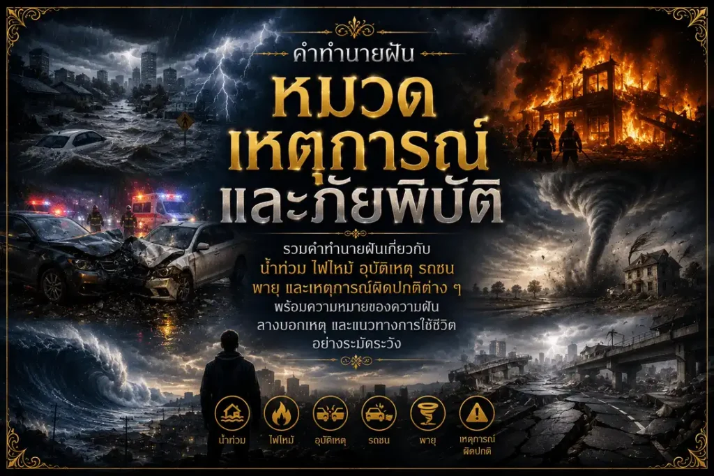 หมวดเหตุการณ์และภัยพิบัติ รวมคำทำนายฝันเกี่ยวกับน้ำท่วม ไฟไหม้ อุบัติเหตุ รถชน พายุ และเหตุการณ์ผิดปกติต่าง ๆ พร้อมความหมายและเลขเด็ด
