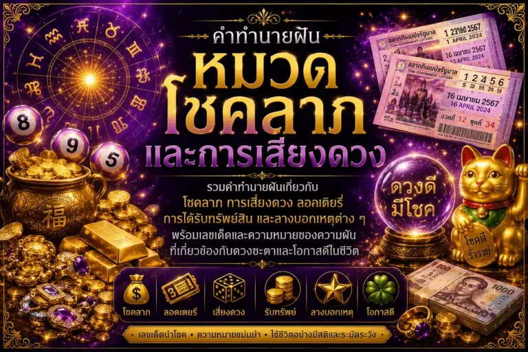 หมวดโชคลาภและการเสี่ยงดวง รวมคำทำนายฝันเกี่ยวกับโชคลาภ ลอตเตอรี่ การเสี่ยงดวง การได้รับทรัพย์สิน ลางบอกเหตุ และโอกาสดีในชีวิต พร้อมเลขเด็ดและความหมายความฝัน