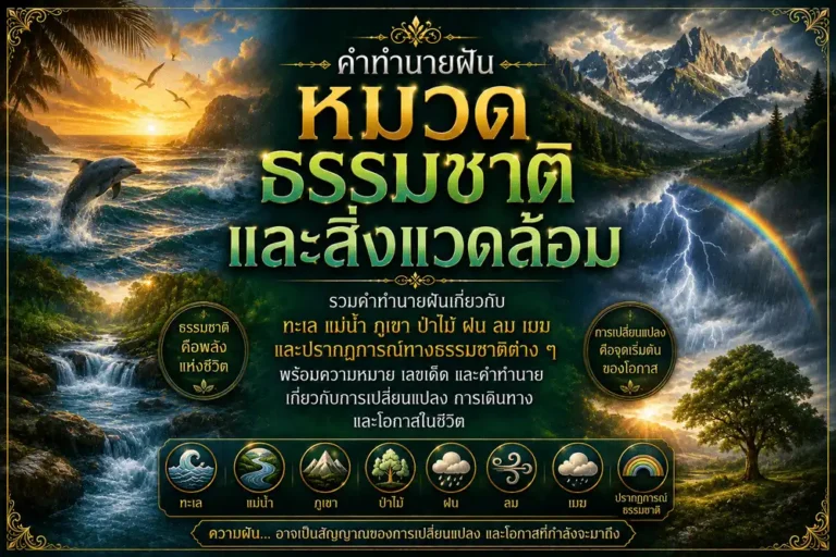 หมวดธรรมชาติและสิ่งแวดล้อม รวมคำทำนายฝันเกี่ยวกับทะเล แม่น้ำ ภูเขา ป่าไม้ ฝน ลม เมฆ น้ำตก และปรากฏการณ์ทางธรรมชาติต่าง ๆ พร้อมความหมายความฝัน เลขเด็ด และลางบอกเหตุ