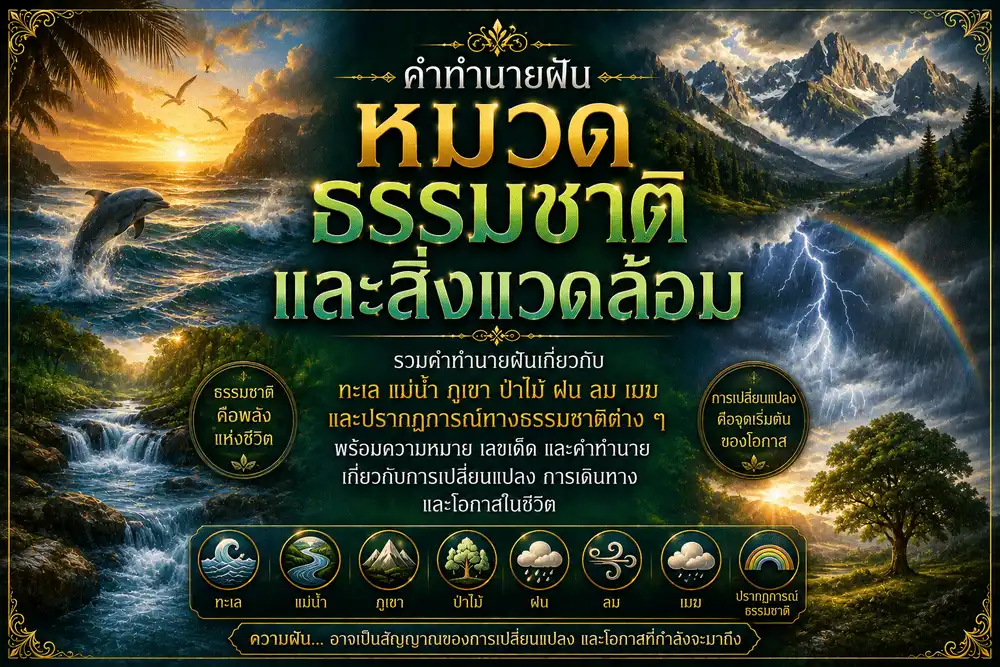 หมวดธรรมชาติและสิ่งแวดล้อม รวมคำทำนายฝันเกี่ยวกับทะเล แม่น้ำ ภูเขา ป่าไม้ ฝน ลม เมฆ น้ำตก และปรากฏการณ์ทางธรรมชาติต่าง ๆ พร้อมความหมายความฝัน เลขเด็ด และลางบอกเหตุ