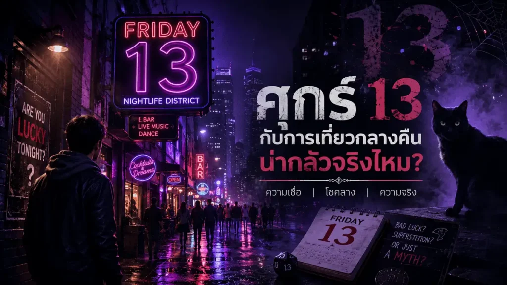 ถนนยามค่ำคืนที่เต็มไปด้วยแสงนีออนสีม่วง ป้าย Friday 13 และแมวดำ สื่อถึงความเชื่อเกี่ยวกับวันศุกร์ที่ 13 และการเที่ยวกลางคืน