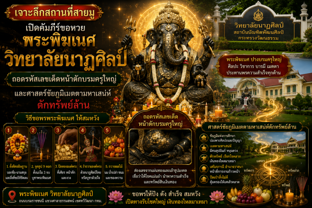 พระพิฆเนศ วิทยาลัยนาฏศิลป์ กรุงเทพมหานคร สถานที่สายมูชื่อดังสำหรับขอพรด้านศิลปะ การแสดง ความสำเร็จ และส่องเลขเด็ดจากหน้าตักบรมครูใหญ่