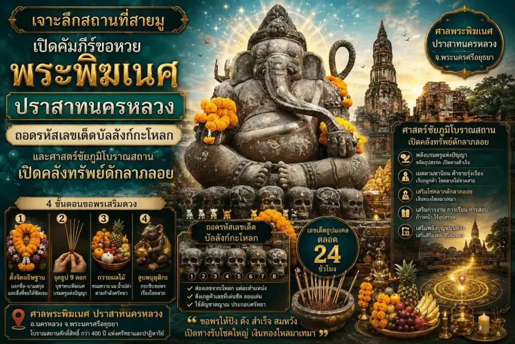 พระพิฆเนศ ปราสาทนครหลวง จังหวัดพระนครศรีอยุธยา สถานที่สายมูชื่อดังสำหรับขอพรความสำเร็จ การเงิน และส่องเลขเด็ดจากบัลลังก์กะโหลกตามความเชื่อโบราณ