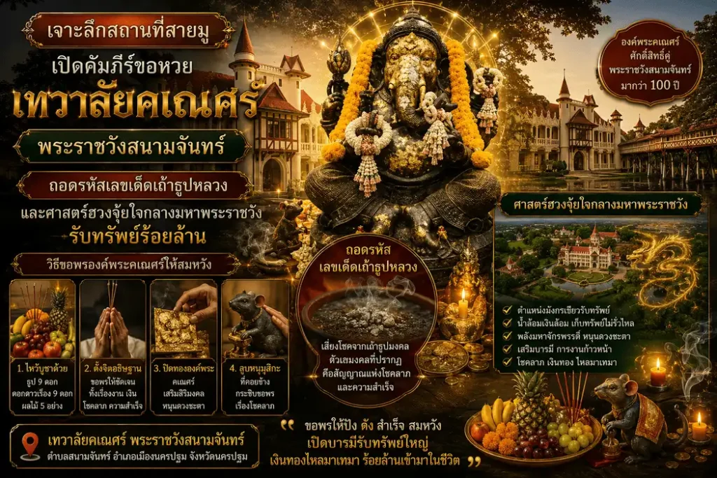 เทวาลัยคเณศร์ พระราชวังสนามจันทร์ จังหวัดนครปฐม สถานที่สายมูชื่อดังสำหรับขอพรความสำเร็จ การเงิน และส่องเลขเด็ดจากเถ้าธูปมงคลตามความเชื่อโบราณ