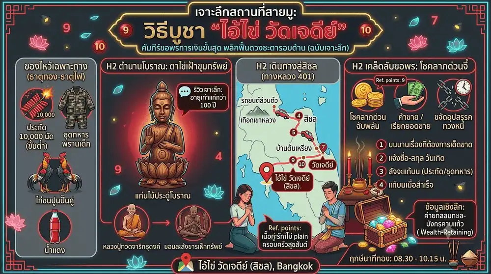 ภาพกราฟิกแบนเนอร์เจาะลึกสถานที่สายมูไอ้ไข่วัดเจดีย์สิชลนครศรีธรรมราชในสไตล์เรโทรโมเดิร์นไซเบอร์โทนสีเข้มตัดสีแดงประทัดและฟ้าอมเขียว
