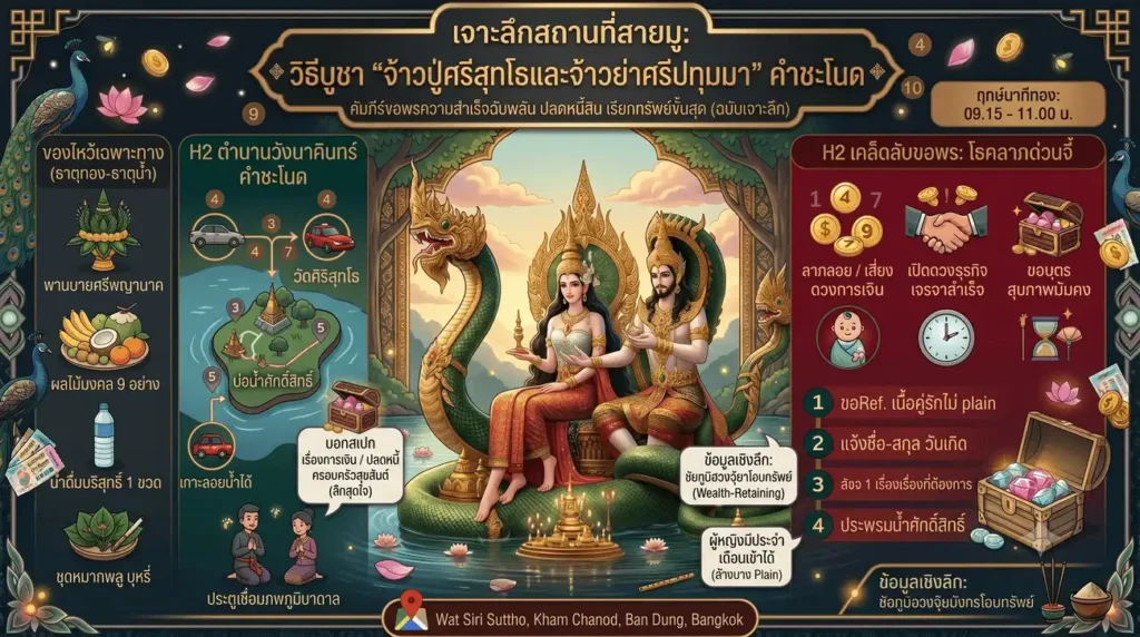 ภาพกราฟิกแบนเนอร์เจาะลึกสถานที่สายมูจ้าวปู่ศรีสุทโธและจ้าวย่าศรีปทุมมาคำชะโนดอุดรธานีในสไตล์เรโทรโมเดิร์นไซเบอร์โทนสีเข้มตัดสีเขียวมรกตและนีออน