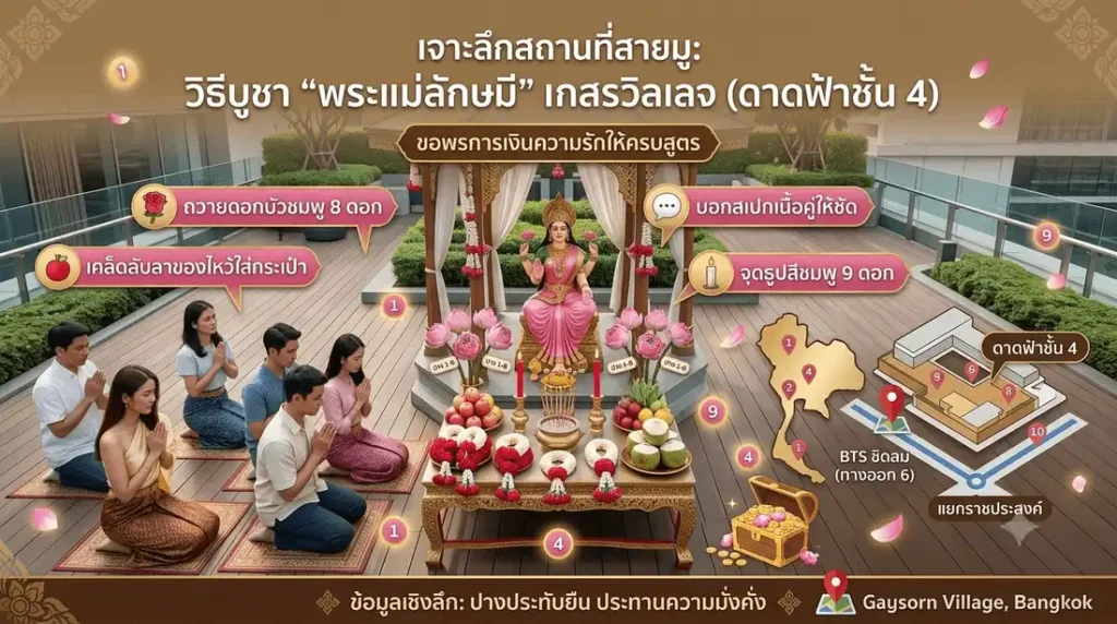 ภาพกราฟิกแบนเนอร์พระแม่ลักษมีเกสรวิลเลจปางประทับยืนบนดอกบัวล้อมรอบด้วยตึกสูงและดอกบัวสีชมพูโทนหรูหรา