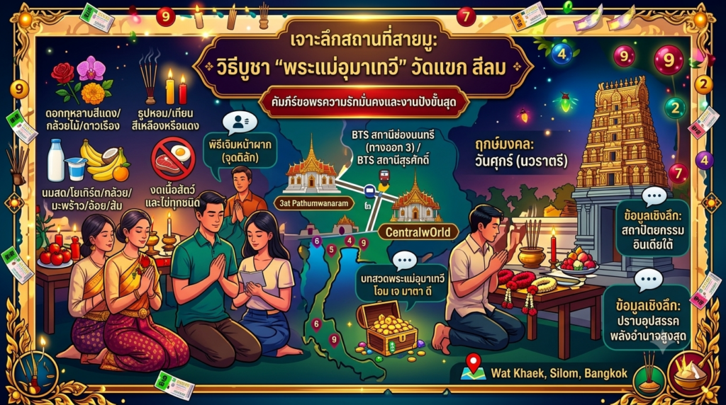 ภาพกราฟิกแบนเนอร์เจาะลึกสถานที่สายมูพระแม่อุมาเทวีวัดแขกสีลมล้อมรอบด้วยสถาปัตยกรรมสไตล์อินเดียใต้และของไหว้สีแดงทองทรงพลัง
