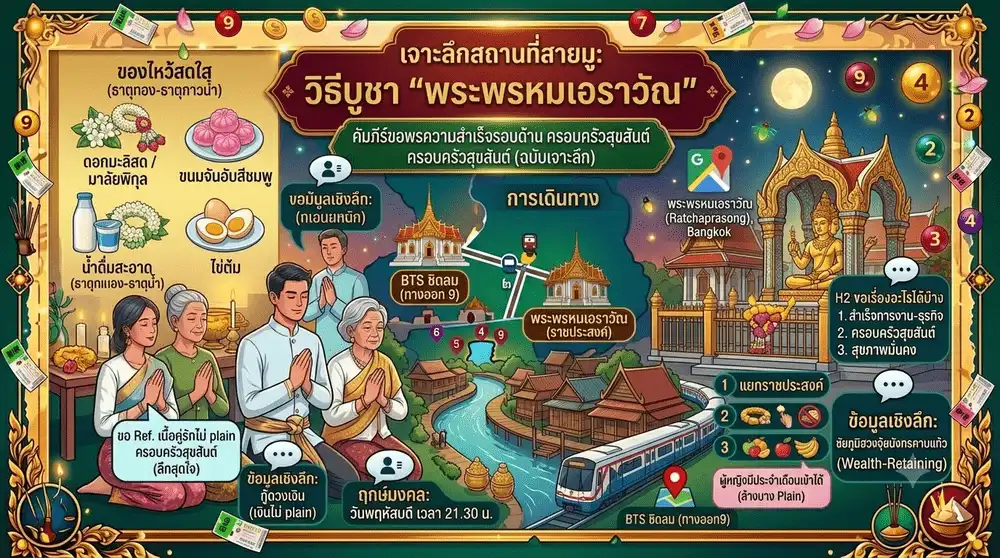 ภาพกราฟิกแบนเนอร์เจาะลึกสถานที่สายมูพระพรหมเอราวัณแยกราชประสงค์สไตล์โมเดิร์นป็อปโทนสีเขียวมรกตตัดสีทองคำเปล่งประกายหรูหรา