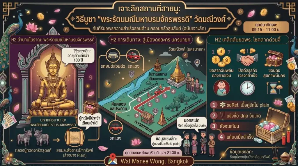 ภาพกราฟิกแบนเนอร์เจาะลึกสถานที่สายมูพระรัตนมณีมหาบรมจักรพรรดิวัดมณีวงศ์นครนายกในสไตล์โมเดิร์นป็อปโทนสีเขียวมิ้นต์และม่วงกล้วยไม้พาสเทลอ่อนโยนสบายตา
