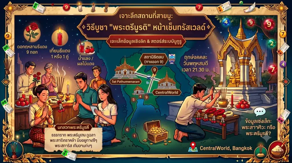 ภาพเจาะลึกสถานที่สายมูพระตรีมูรติหน้าเซ็นทรัลเวิลด์ล้อมรอบด้วยดอกกุหลาบสีแดงและเครื่องสักการะ