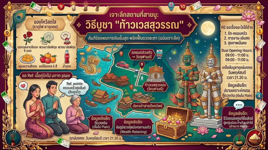 ภาพกราฟิกแบนเนอร์เจาะลึกสถานที่สายมูท้าวเวสสุวรรณวัดจุฬามณีสมุทรสงครามในสไตล์โมเดิร์นป็อปโทนสีม่วงลาเวนเดอร์และครีมทองอ่อนโยนสบายตา