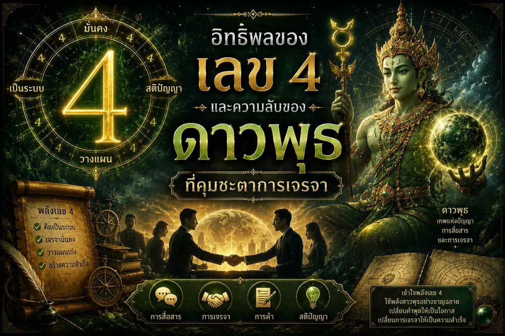 ภาพเทพพระพุธประทับท่ามกลางจักรราศีและพลังแห่งเลข 4 รายล้อมด้วยสัญลักษณ์การเจรจา การค้า และสติปัญญา สื่อถึงอิทธิพลของดาวพุธในโหราศาสตร์ไทย