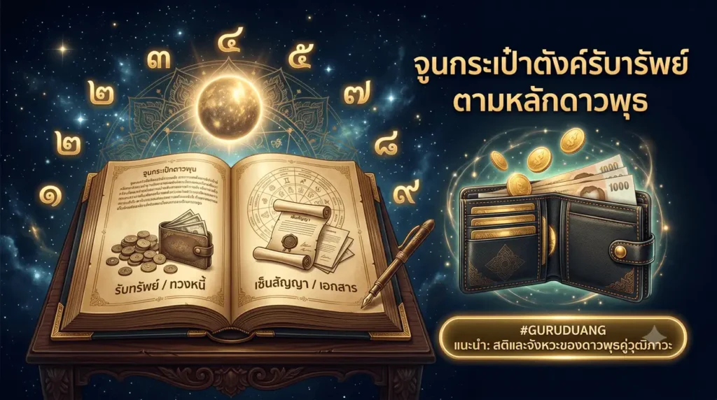 ภาพหน้าปกบทความจูนกระเป๋าตังค์รับทรัพย์ตามหลักดาวพุธ แสดงกราฟิกแผ่นใบลานและผังดวงชะตาราศีสีทองเรืองแสงสุภาพเรียบร้อย ด้านข้างมีกระเป๋าเงินหนังคลาสสิกสีดำขอบทองตั้งอยู่อย่างประณีต คุมโทนพรีเมียมลึกลับ ดำ-ทอง-น้ำเงินมิดไนท์ สะอาดตาคลีน ๆ ไม่มีบล็อกไอคอนรกสายตาตามสไตล์กูรูดวง
