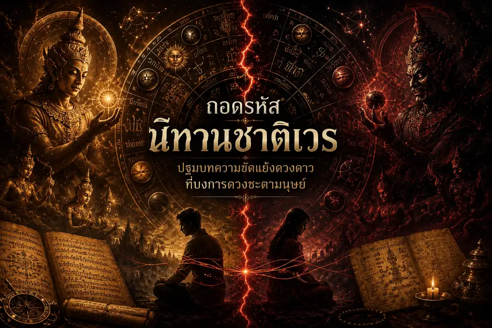 วงจักรราศีโบราณแตกร้าวออกเป็นสองส่วน รายล้อมด้วยสัญลักษณ์ดวงดาวและเส้นด้ายแห่งโชคชะตา สื่อถึงนิทานชาติเวรและความขัดแย้งของดาวเคราะห์ในโหราศาสตร์ไทย