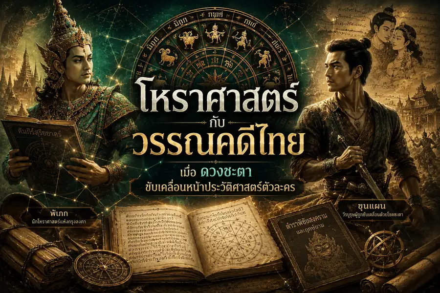ภาพประกอบบทความโหราศาสตร์กับวรรณคดีไทย แสดงพิเภกและขุนแผนร่วมกับจักรราศีและตำราโหราศาสตร์ สื่อถึงบทบาทของดวงชะตาในเรื่องรามเกียรติ์และขุนช้างขุนแผน