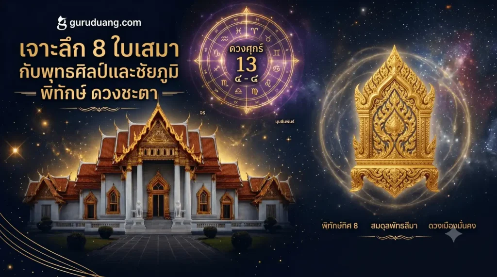 ภาพหน้าปกบทความทำไมรอบอุโบสถถึงมี 8 ใบเสมา แสดงกราฟิกแผ่นหินใบเสมาแกะสลักลายไทยโบราณสีทองเรืองแสงสุภาพเรียบร้อย ตั้งตระหง่านล้อมรอบผังดวงชะตาและวงล้อจักรราศีนพเคราะห์ คุมโทนพรีเมียมพุทธศิลป์ ดำ-ทอง-เขียวมรกตลึกลับ สะอาดตาและดูน่าเชื่อถือสไตล์กูรูดวง