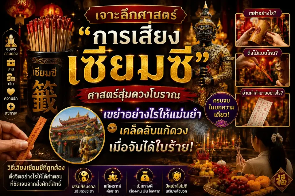 การเสี่ยงเซียมซี ศาสตร์สุ่มดวงโบราณภายในวัด พร้อมกระบอกเซียมซี ใบเซียมซี และบรรยากาศการขอพรจากสิ่งศักดิ์สิทธิ์